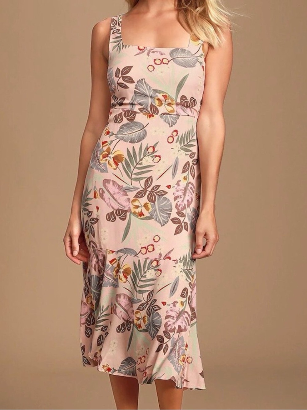 Lulus Island Sun Blush Pink Tropical Print Tie-Back Midi Dress Size Medium